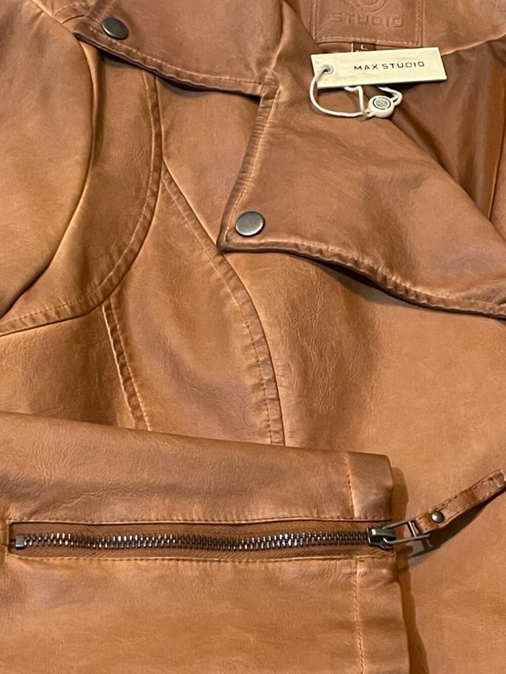 NWT Max Studio Large Women's Cognac Everyday Casual Faux Leather Moto Jacket - Picture 10 of 16